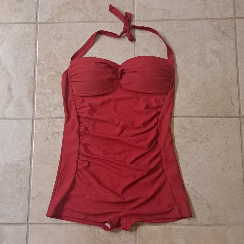 VINTAGE pinup bathingsuit; slimming swim piece/shorts, red,  XXL (fits a sz 12)